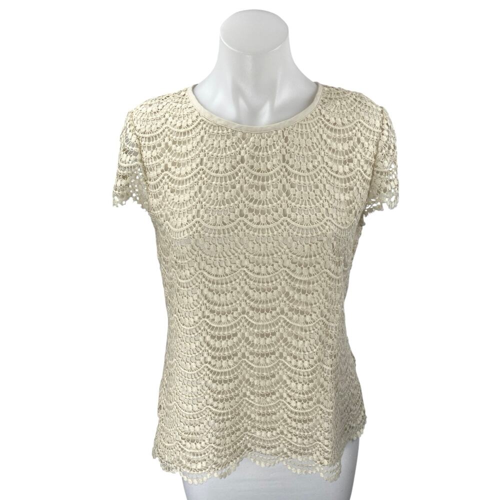 Banana Republic Cream Beige Crochet Lace Short Sleeve Crew Neck Blouse Top Sz 4